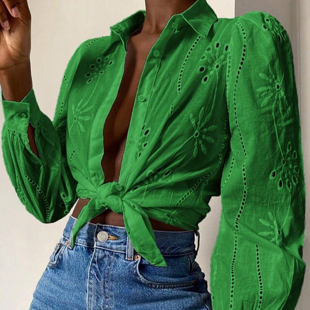 Green Casual Women's Hollow-Out Embroidery Turn-Down Collar Long Sleeve Top - Picture 5 of 5